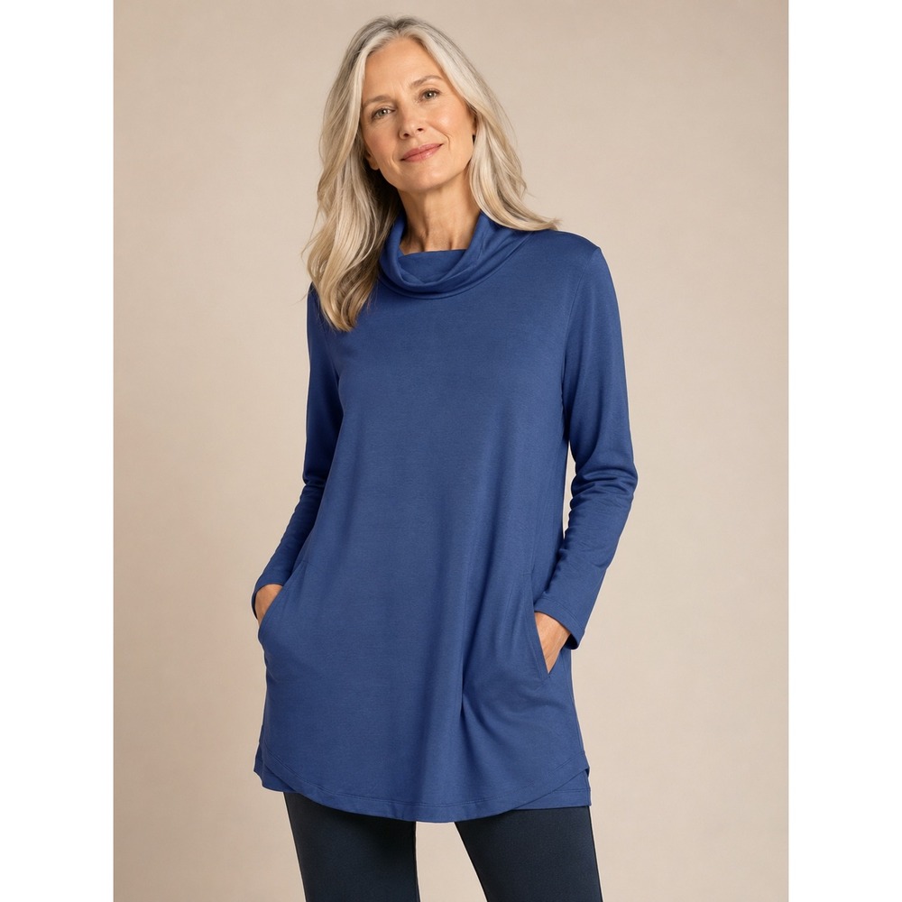 Pure Jill Womens Luxe Tencel Cowl Neck Pocket Tunic Top Blue Large L Relaxed Fit